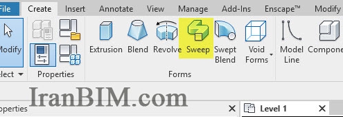 انتخاب Ribon Create گزینه sweep در رویت