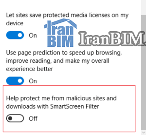 گزینه Help protect me from malicious sites and downloads with SmartScreen Filter را یافته و آن را off کنید